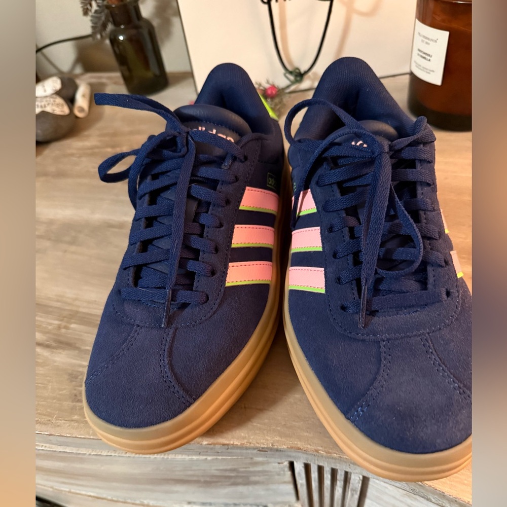 Adidas Blue Sneakers with Pink and Yellow Accents